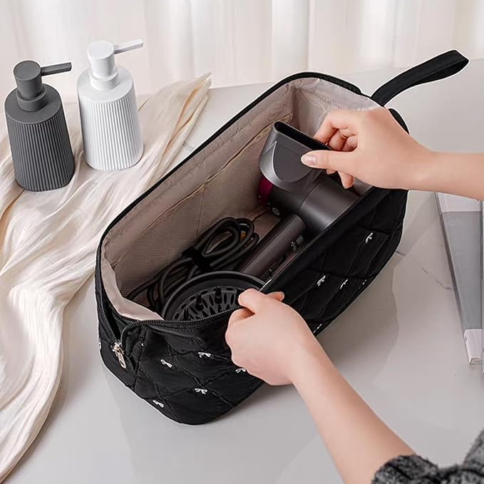 Stratalife Quilted Hair Tools Travel Bag with Polishing Cloth Compatible with Dyson Airwrap Shark Flex Style, Portable Toiletry Bag Hair Dryer Curling Iron Carrying Case Travel Essentials Black Bow