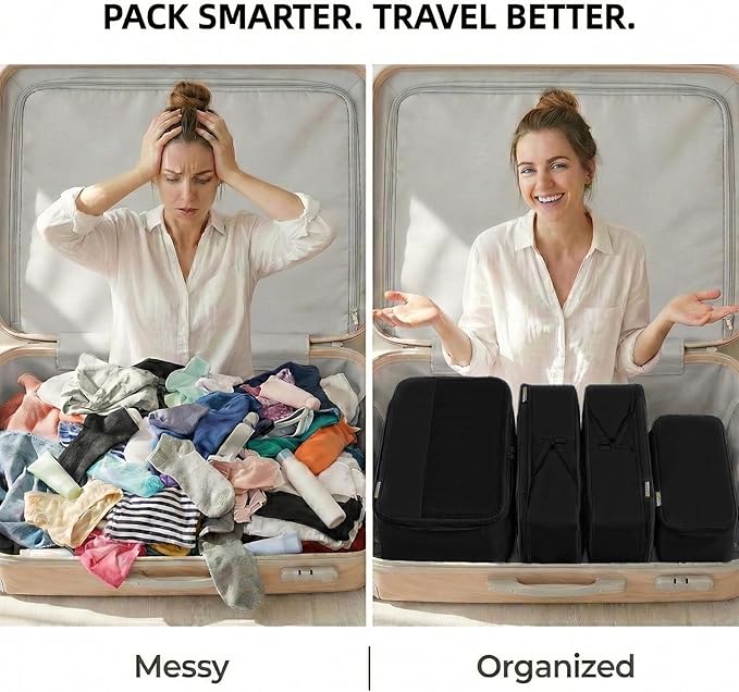 4 Piece Compression Packing Cubes for 3–7 Day Travel, Space Saving Travel Organizers with Breathable Mesh, Double-Zipper Packing Cubes for Carry-On & Suitcases (Black)