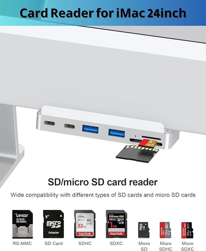 6-in-1 USB C Hub for iMac 24 inch (M1/M3/M4), USB Adapter Multiport with Type-C 10Gbps, SD/TF Card Reader Compatible | iMac Accessories