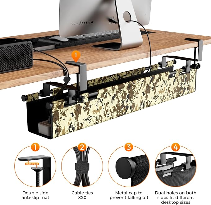 No-Drill Under Desk Cable Management Tray,Upgraded Wider(39"L x 5.9"W) & Double Layer Thickened Standing Desk Cable Organizer,2 Mounting Options-Clamp Or Screw Cord Holder for Home,Office