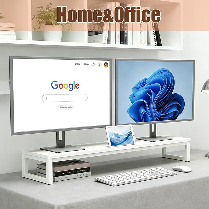 Dual Monitor Stand Riser, 38.7'' Long Wood and Steel Monitor Stand for 2 Monitors, Ergonomic Desktop Organizer with Tablet Stand for Computer,Laptop,TV (White)