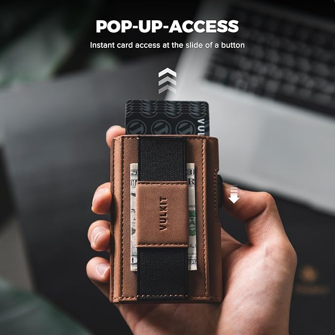 VULKIT Mens Minimalist Wallet for Max. 8 Cards with Pop-Up Credit Card Ejector RFID Blocking, ID Window and Elastic Strap for Bills or Keyring, Gift Box Packed, Brown