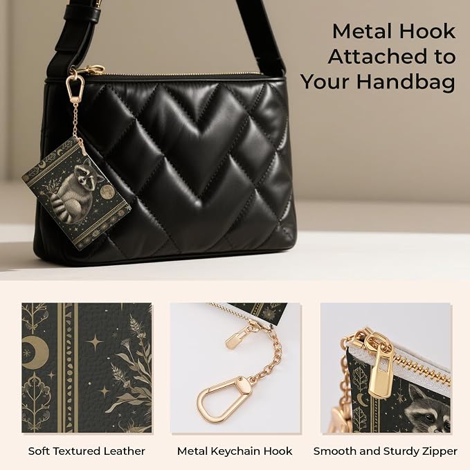 Vintage Raccoon Keychain Coin Purse for Women, Small PU Leather Change Pouch, Zipper Little Tiny Travel Wallet for Girls, Cute Kawaii Zip Pocket Coin Holder with Key Ring