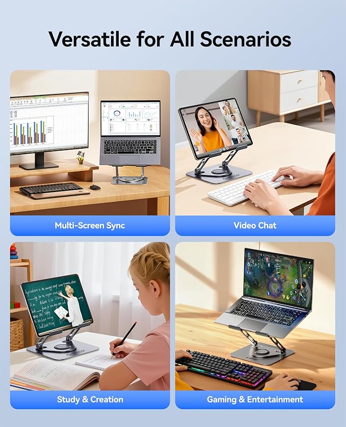 ORICO Adjustable Laptop Stand for Desk, 360° Rotating Base, Foldable Aluminum Alloy Computer Stand with Ventilated Design, Compatible with MacBook Air/Pro, Dell, XPS, HP up to 17'' - ST12, Gray
