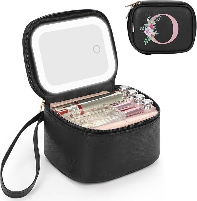 Relavel Initial Makeup Bag with Led Mirror, Mini Make Up Bag for Women Girls, Personalized Cosmetic Bag with Adjustable Brightness, Rechargeable Make Up Bags Pouch for Birthday Gifts - Black O