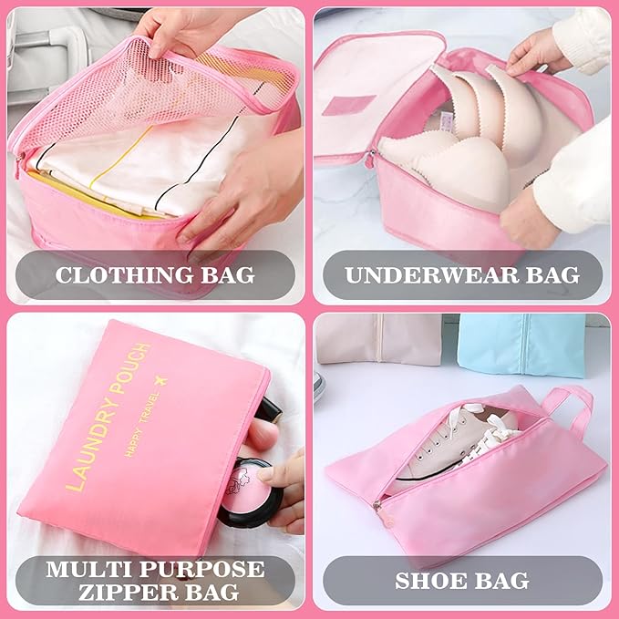 8 Set Packing Cubes for Travel Luggage Packing Bags Reusable Waterproof Suitcase Organizer Cubes Set with Shoe Bag and Toiletry Bag (Pink)