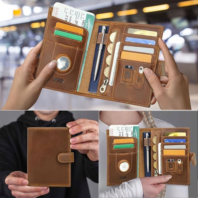 CONTACTS Full Grain Leather Passport Holder Compatible with Airtag RFID Blocking Passport Wallet Travel Slim Passport Cover with SIM Card Removal Tool (Camel Brown)