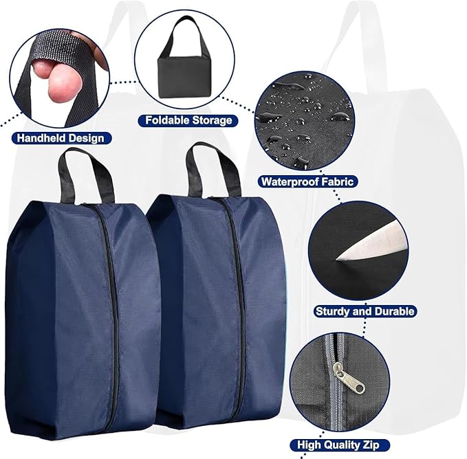5Pcs Large Travel Shoe Bags Portable Travel Gifts Shoe Organizer with Zipper Closure, Waterproof Nylon Shoe Storage Organizer with Handle Travel Bags For Men and Women, Navy