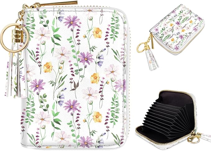 Coco Rossi Leather Credit Card Wallet for Women, RFID Blocking Zipper Cards Holder with Tassel, White Daisy