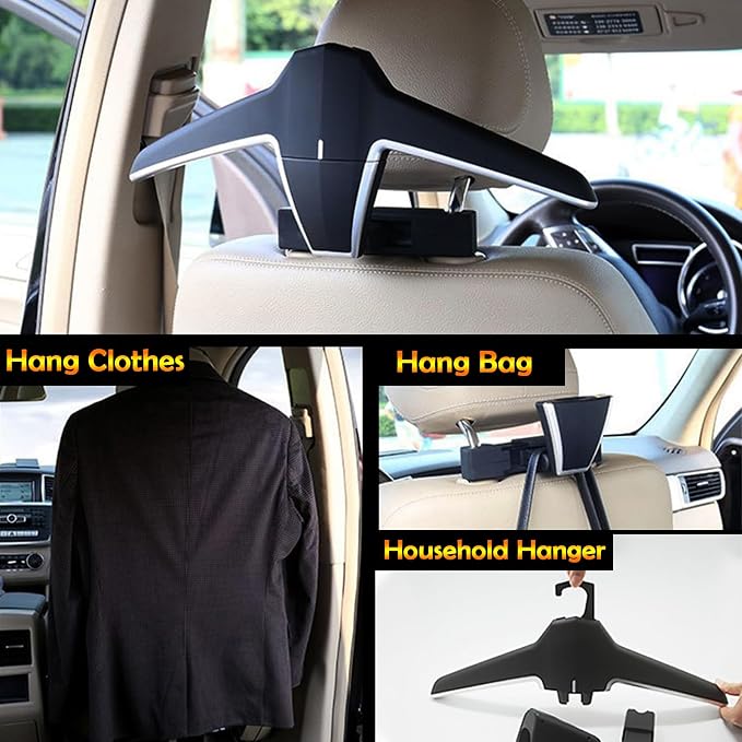 2 Car Back Seat Headrest Hanger with 4 Car Hooks for Coat, Jacket, Suit, Clothes, Purse, Handbag and Grocery Bags - Multi-Purpose Storage Holder for Automobile