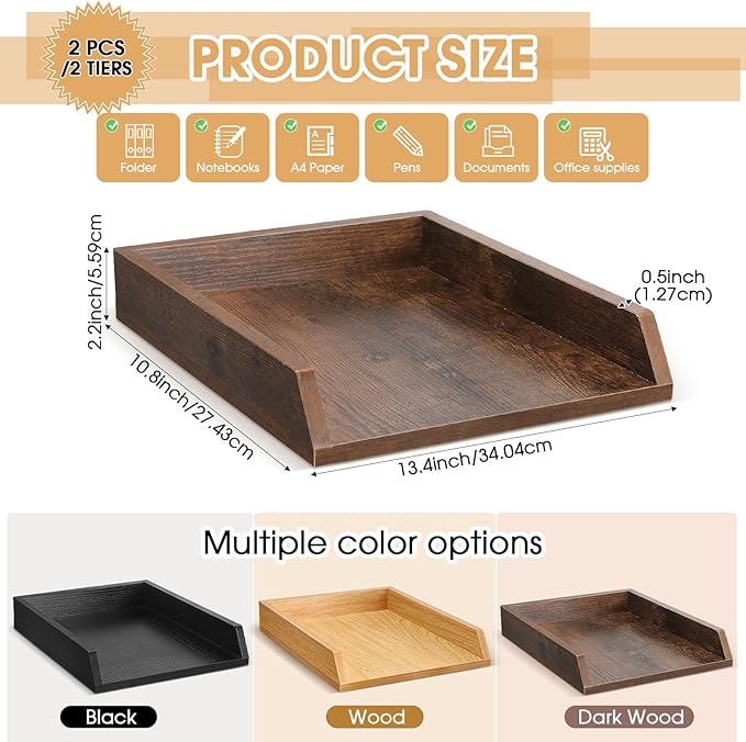 DoubleFill 2 Pcs Wooden Letter Trays Wood Letter-Size Desk Organizer Heavy Duty 2 Tier Stackable Supports Paper Tray Desktop Drawer Organizer File Folder Magazine Office Accessories (Dark Wood)