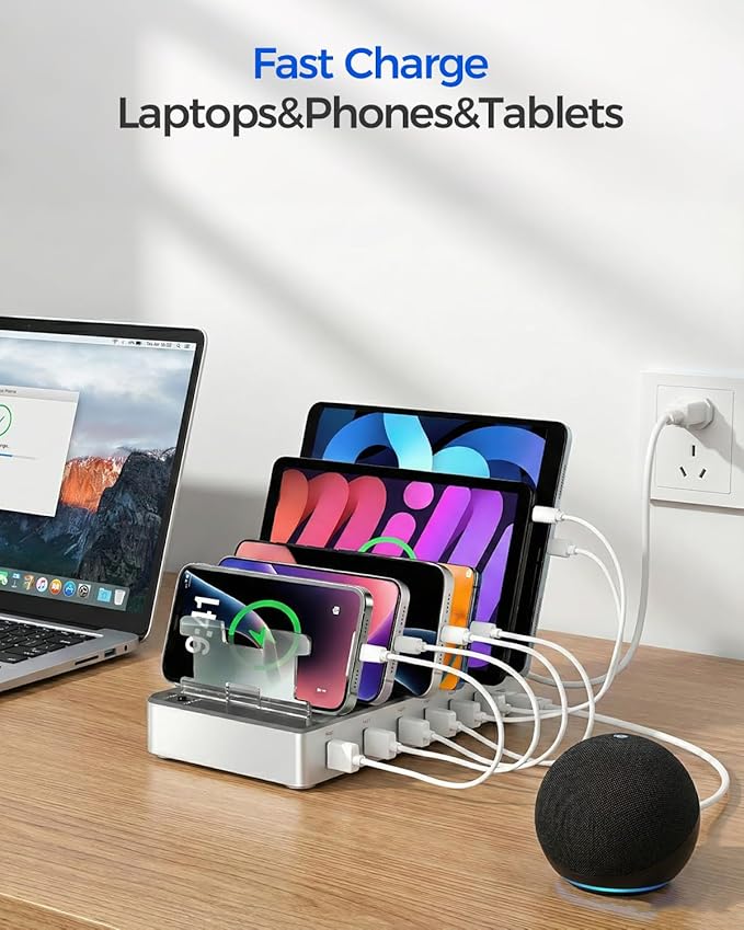 300W Charging Station for Multiple Devices, Fast Charging 6 Port Charging Station - Compatible with iPhone iPad Android Tablets, Home Office Travel Organizer