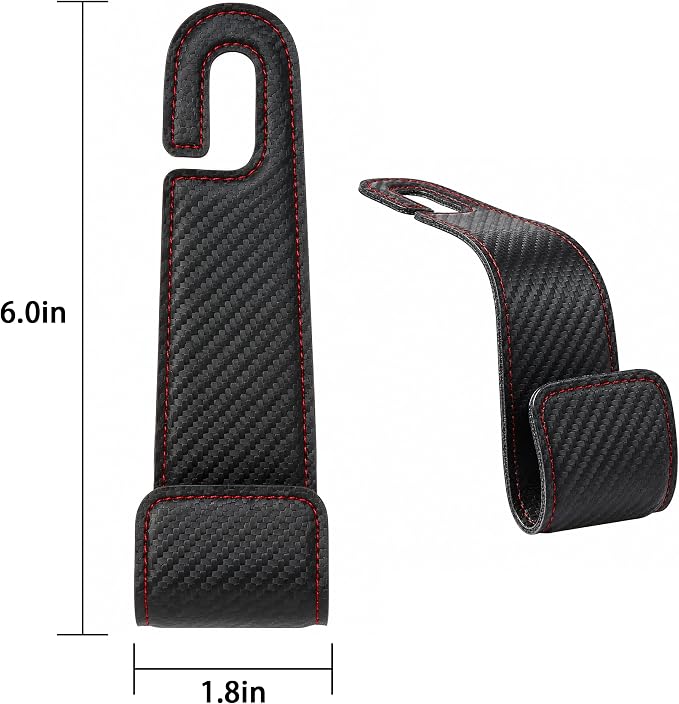 Leather Car purse hooks with larger strap holder purse hook purse holder for car car seat back hooks Automotive seat back organizer headrest hooks for bags and purse (Black Carbon fiber, 2pcs)