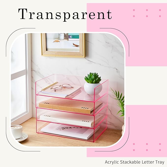 Harloon 4 Tier Paper Organizer Letter Tray Pink Acrylic Desk File Organizer Stackable Documents Letter Clear Paper Holder Sorter Office Tray for A4, Modern Office Classroom Home File Pad Books Notes
