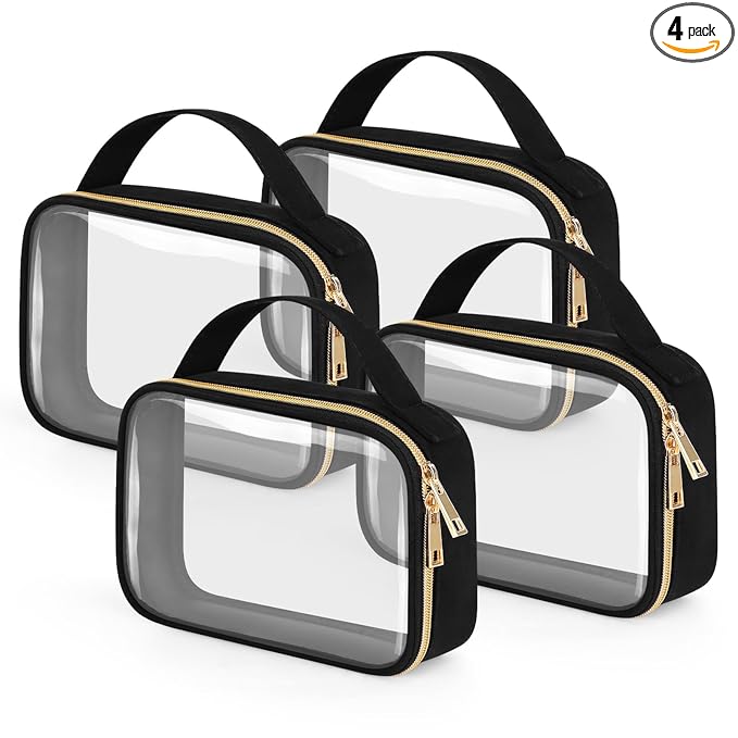 Wedama TSA Approved Toiletry Bag, 4 Pack Clear Makeup Bags with Handles, Quart Size Toiletry Bags, PVC Clear Cosmetic Bags for Women and Men, Carry on Airport Airline Compliant Bag, Black