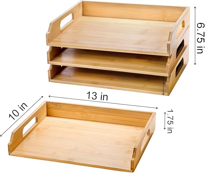 Okllen 3 Pack Stackable Paper Trays, Bamboo Desk Letter Tray Set, 3 Tier File Document Organizer Tray for A4 Paper, Magazine, Receipts, Office Supplies