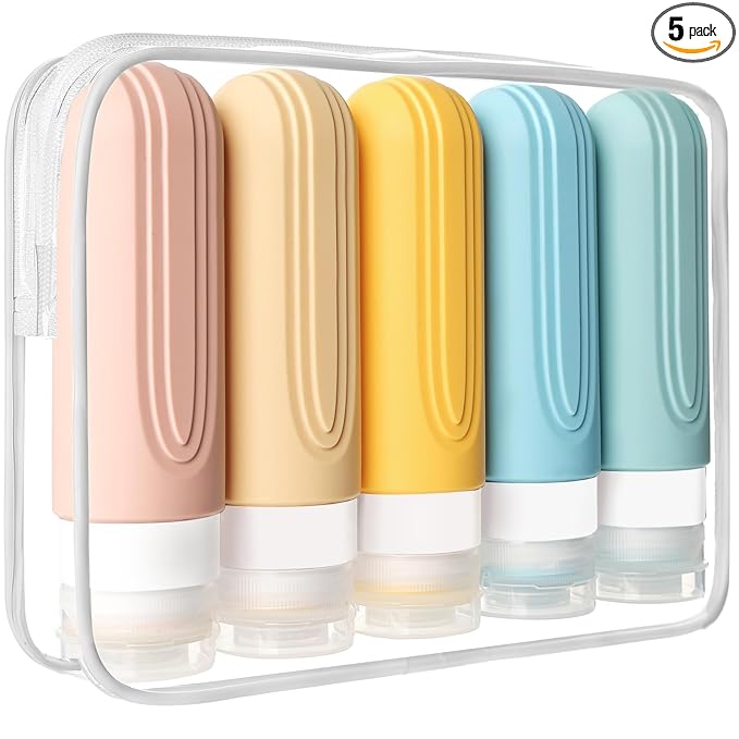 Travel Bottles for Toiletries, 5 Pack TSA Approved Travel Size Containers, 3oz Leak Proof Refillable Travel Accessories for Shampoo Conditioner, BPA Free Travel Bottles with Toiletry Bag