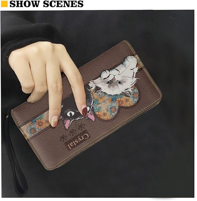 Bulopur Custom Name Wallet for Women Zip Around Clutch Purse PU Leather Waterproof Travel Wallet Passport Holder Ladies Handbags Gifts for Cat Lovers