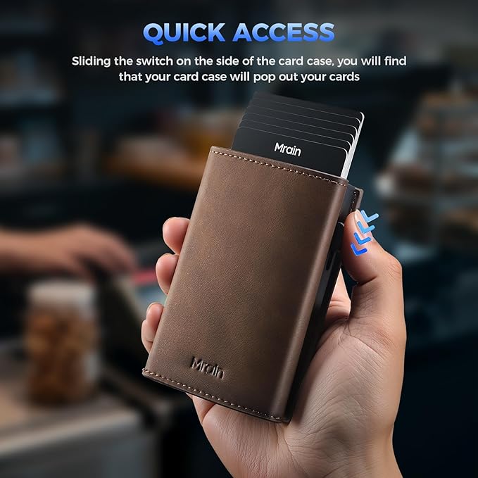Mens Slim Minimalist Wallet Card Holder with Coin Pocket, Cash Slot, Magnetic Closure, Pop Up Aluminum Case, ID Window, Leather Wallet, RFID Blocking, 9-13 Card Capacity, Crazy Horse Brown