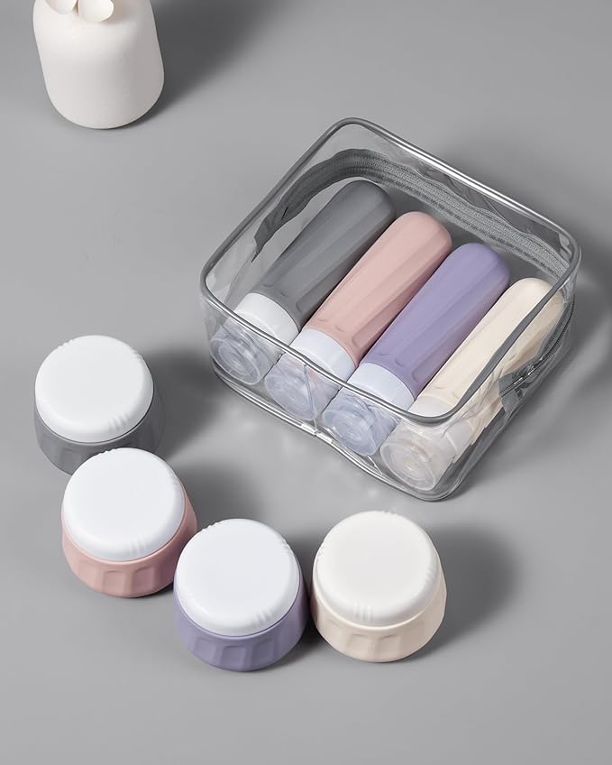 Mrsdry Travel Size Toiletries 8 Pack, TSA Approved 3oz Silicone Squeeze Bottles & Cream Jars with Clear Travel Bag