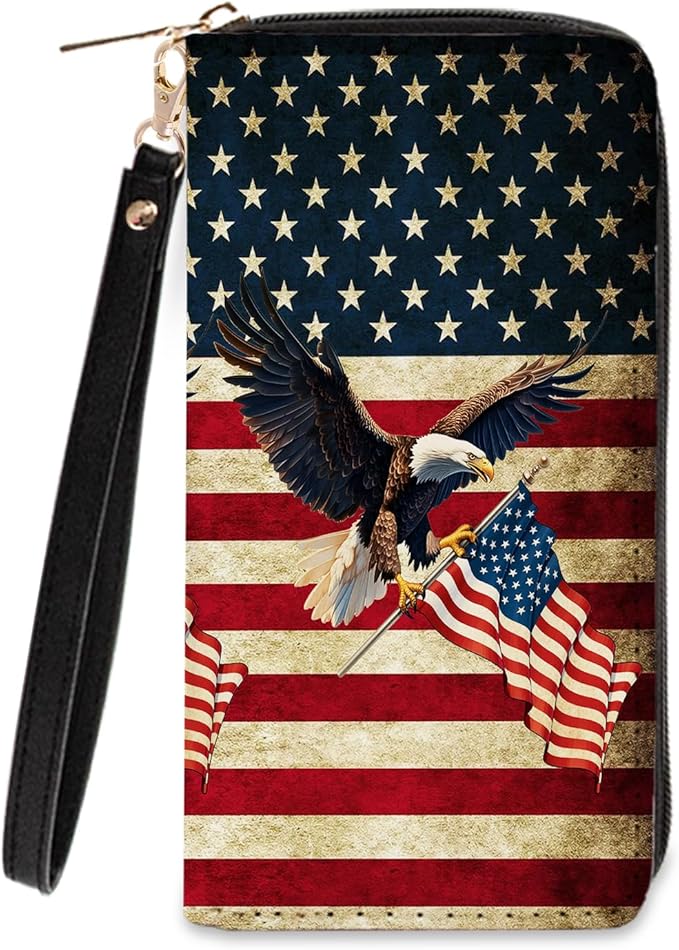 American Flag & Eagle Wallet for Women - Slim PU Leather Patriotic Wallet with Cash Zipper Coin Purse, Small Credit Card Holder Travel Wallet, Wristlet Wallets for Female Ladies Men