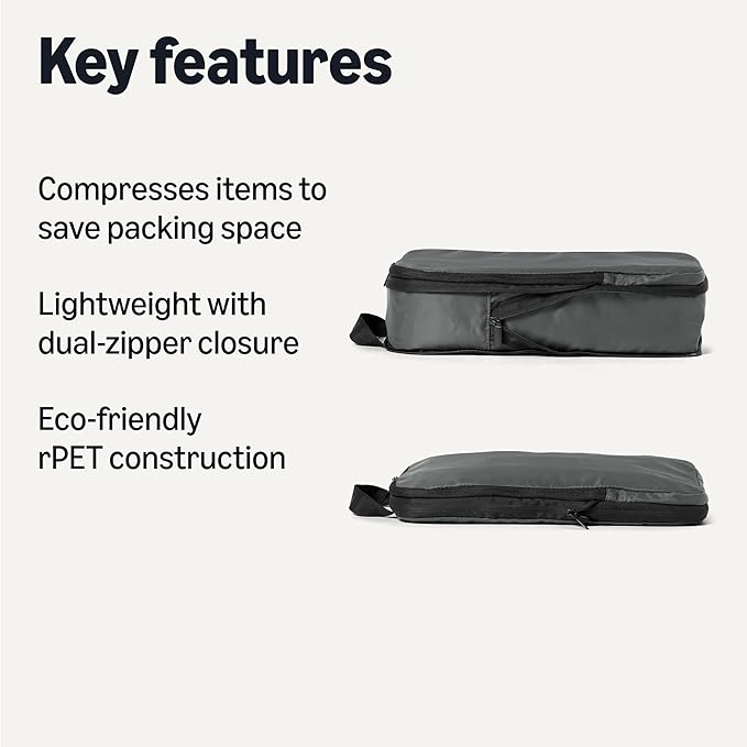 Amazon Essentials 6-Pack Ultralight Compression Packing Cubes, rPET Construction, Space-Saving Organizer with Zippers, Grey