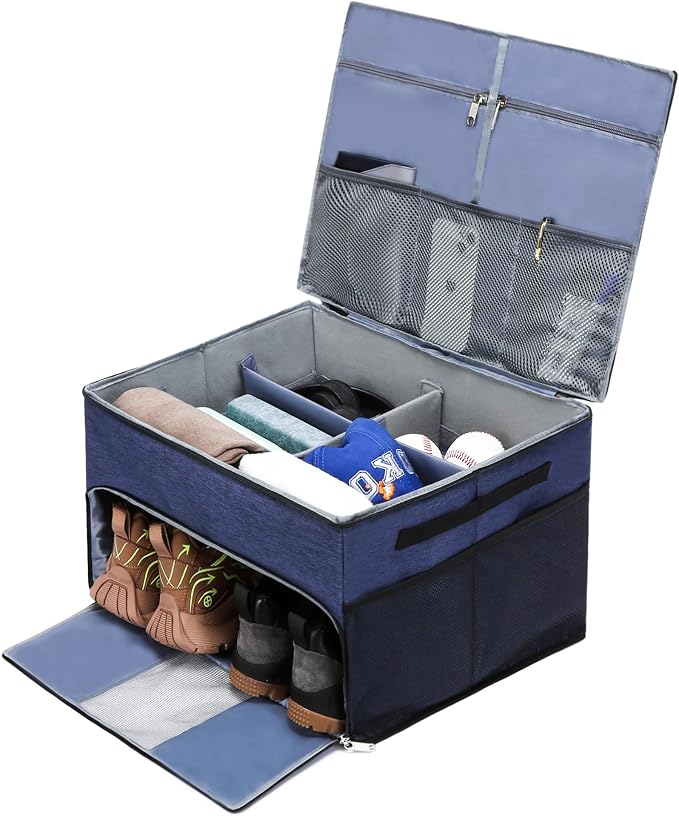 Golf Trunk Organizer for Golf Shoes Clothes Gloves Hats Large Collapsible Golf Storage Box with 4 Dividers Water-Resistant Golf Shoe Bag for 2 Pair of Shoes Golfing Accessories for Men Women Golfers