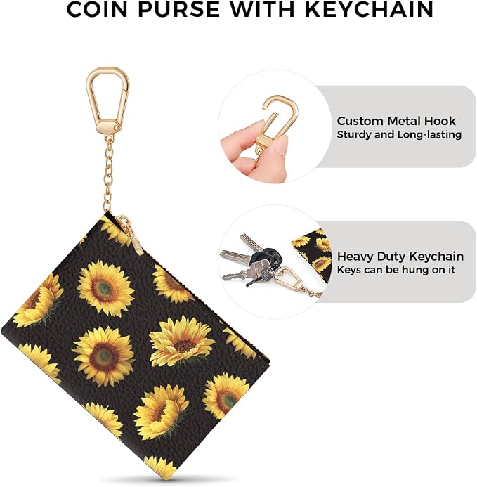 Sunflower Keychain Coin Purse for Women, Small PU Leather Change Pouch, Zipper Little Tiny Travel Wallet for Girls, Cute Kawaii Zip Pocket Coin Holder with Key Ring