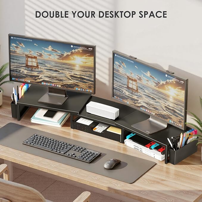 OPNICE Desk Organizers and Accessories, Dual Monitor Stand Riser with Drawer and 2 Pen Holders, Desk Shelf Metal Computer Racks for Office Workspace Organizers, Desktop Organization (Black Metal)