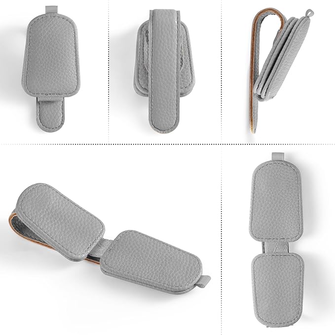 SINGARO Sunglasses Holder for Car, Leather Magnetic Buckle Sun Visor Sunglass Clip, Ticket Card Storage Glasses Clip, Car Interior Accessories for Men and Women（2PCS Gray）
