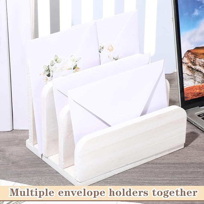 Briwooody Wooden Mail Organizer 3 Slots Mail Holder for Desk Wood File Paper Letter Holder for Letter Envelope Filing Cell Phone Document Storage, Organizer Tray for Office and Home(White)