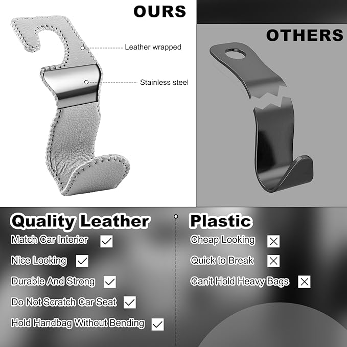 EldHus Car Seat Hooks for Purses and Bags, 2 Pack Car Purse Holder for Grocery Bag Handbag Clothes, Metal Headrest Hooks Covered by Leather, Gray