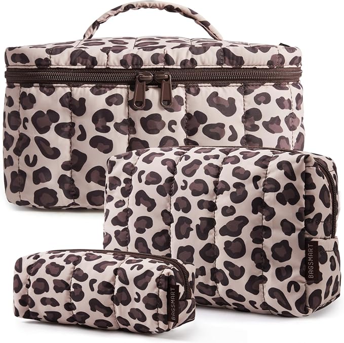 BAGSMART Travel Makeup Bag for Women, 3 Pcs Puffy Quilted Cotton Cosmetic Organizer, Large Toiletry Case and Small Purse Pouch for Gym, Work, Girls (Leopard Print)