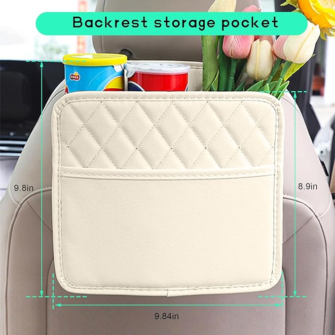 Car Back Seat Organizer, Large Capacity Foldable Car Headrest Hanging Organizer with Storage Pockets, Waterproof Leather Multipurpose Back Seat Storage Bag for Most Vehicles (White)