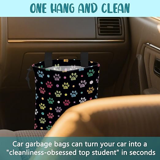 Car Garbage Bag Colorful Paw Prints and Diamond Drawstring Car Trash Bag Hanging for Back Seat with Adjustable Buckle Canvas Vehicle Trash Can Easy-to-Install