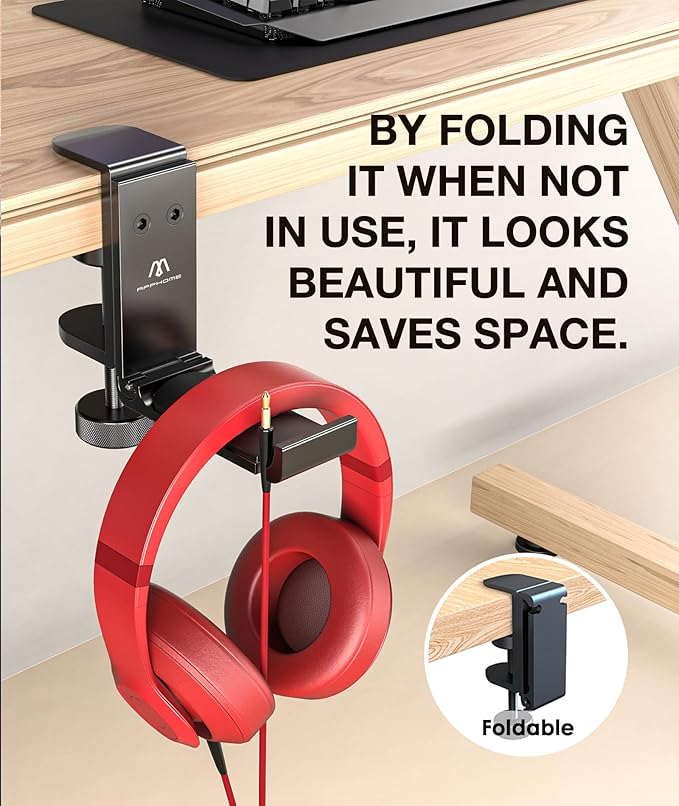 Foldable Headphone Stand Under Desk, Metal Headset Holder Hook for Desk with Cable Organizer, Space-Saving Desk Bag Hook & Backpack Hanger for Gaming Office, Universal Fit, Black