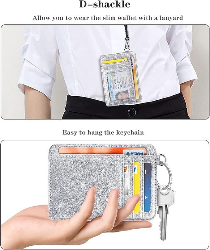 Coco Rossi Slim Front Pocket Wallet RFID ID Card Holder Cute Small Wallet with Keychian for Women,Silver Glitter