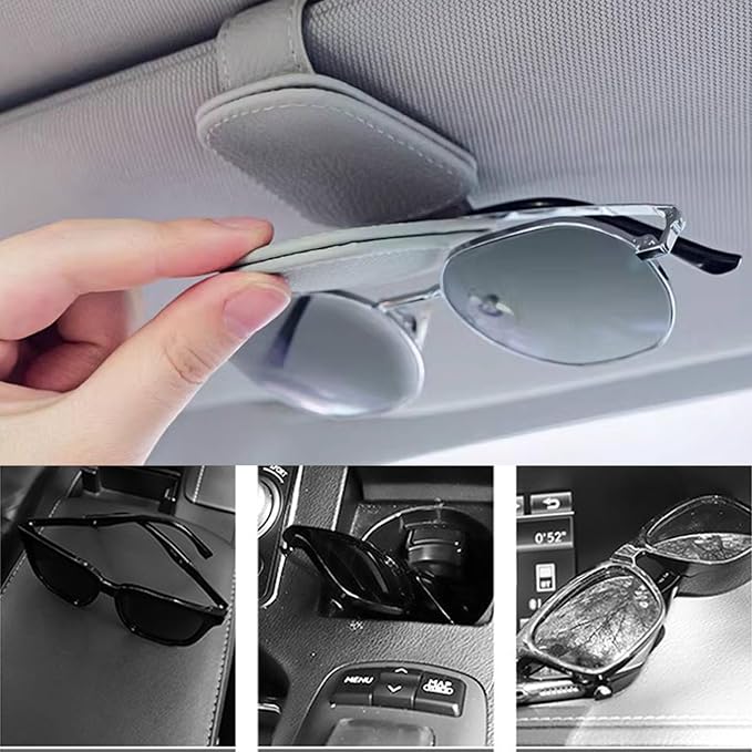 Sunglass Holder for Car Visor, Magnetic Leather Glasses Eyeglass Clip Hanger Clip for Car Truck, Ticket Card Clip for Any Eyeglasses, Gray, 2Pack