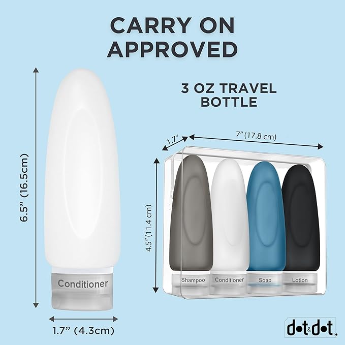Dot&Dot Leak Proof Travel Bottles - Tubes for Liquid TSA Approved 3oz Silicone Toiletries Travel Shampoo & Conditioner Containers with Labels