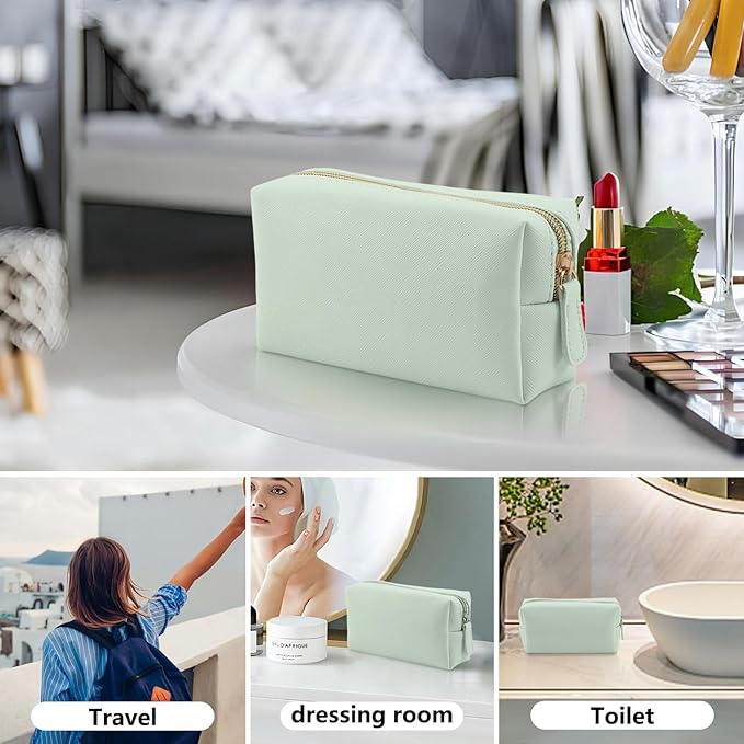 Leather Makeup Bag for Purse Travel, Portable Small Cosmetic Organizer for Women and Girls, Make up Bag with Zipper
