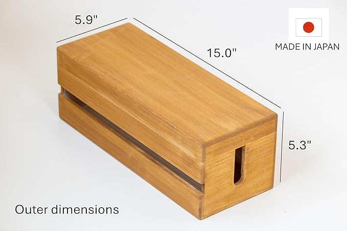 Masuda Paulownia Wood Cable Management Box – Handmade Wooden Cord Organizer for Power Strips, Routers, Chargers – Eco-Friendly Desktop Cable Storage – Made in Japan (Brown, Large)