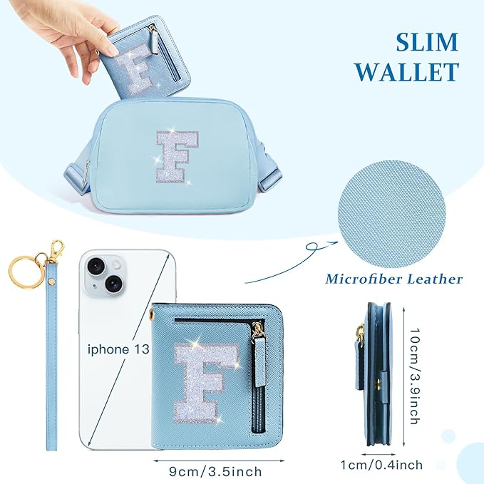 COSHAYSOO Small Wallet for Women Teenager Girl Personalized Initial Gift Preppy Letter Monogrammed Patch Mini Purse Waterproof for Travel Credit ID Cards Cash Holder Novelty Organizer Blue F