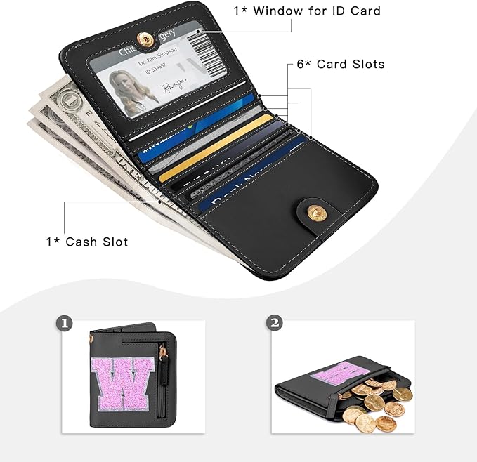 COSHAYSOO Mini Wallet with RFID Blocking Initial Monogrammed for Girls Birthday Valentines Easter Mothers Nurse Day Graduation Thanksgiving Appreciation Halloween Christmas New Year Gifts Black W