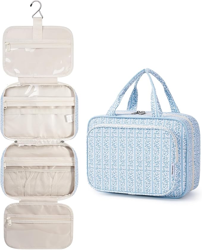 Narwey Travel Toiletry Bag for Women Large Hanging Makeup Bag Organizer Toiletries Bag for Full Size Essentials Accessories Cosmetics (Blue Flower Buds (Large))