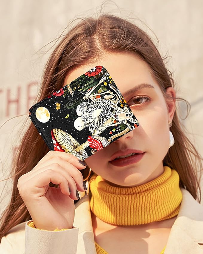 Bistup Credit Card Holder Wallet for Women Cute Leather Ladies Teen Girls Female Cardholder Wallets Accordion Purse Small Medium Aesthetic Print Mushroom Skull Unique Modern Y2k Rfid Zipper Around