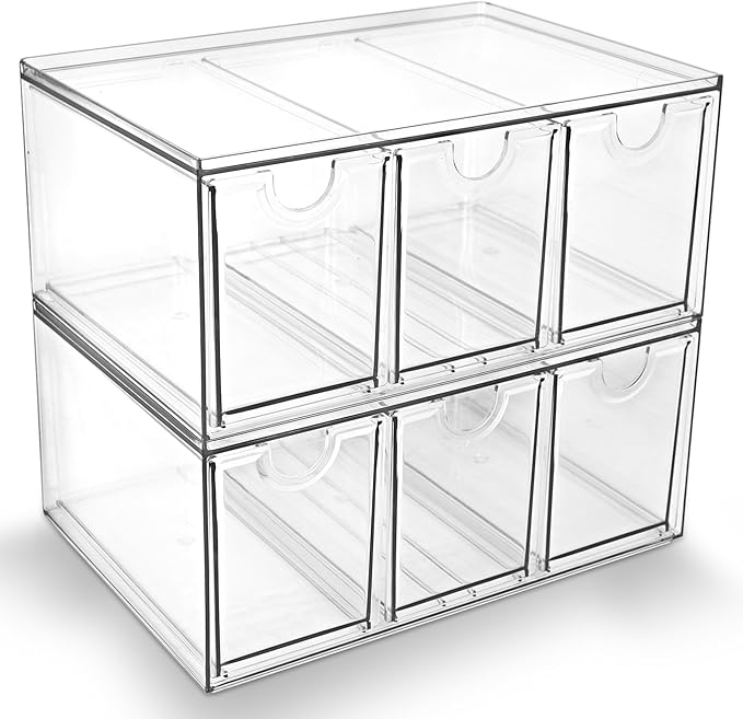 Prsildan Acrylic Makeup Organizer, 2 Pack Stackable Storage Drawers with 6 Drawers for Office Desk Vanity Craft Room Clear Drawer Organizers for Hair Accessories Art Supplies Cosmetics Modular System