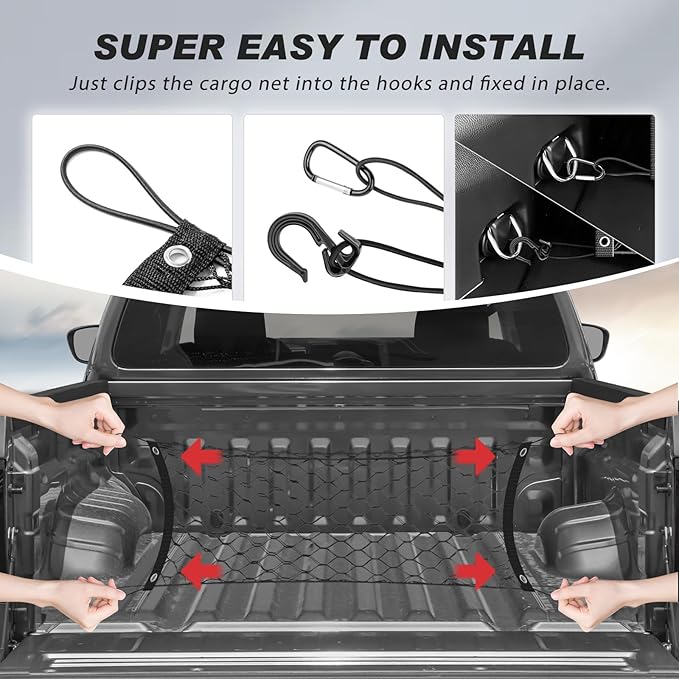 Karltys Truck Bed Cargo Net for Nissan Frontier 2022-2025 2026 Accessories, Envelope Style Pickup Truck Bed Cargo Net, Elastic Heavy Duty Nylon Mesh Storage Netting Organizer