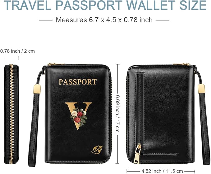 Passport Holder for Travel Wallet Women Zipper Wallets Personalized Passport Holder Cover Initial Letter Rose Flower Passport Book Holders RFID Blocking Credit Card Holder, V