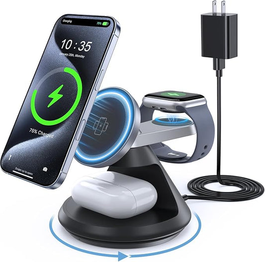3 in 1 Charging Station for Apple MagSafe Charger Compat, 15W Magnetic Wireless Charger Stand, 360° Rotating Dock, Wireless Charging Station for iPhone 17 16 15 14 13 12 Series for iWatch for AirPods