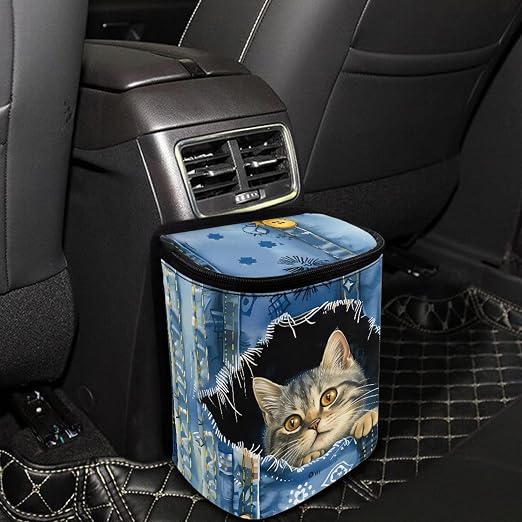 Biyejit Denim Cat Print Car Rubbish Storage Reusable Car Trash Can for Car SUVs Vans, Car Trash Bag Bin Hanging Automotive Car Garbage Cans Leak Proof Vehicle Trash Can